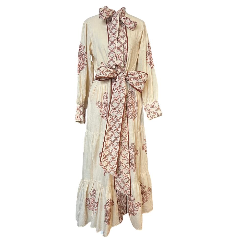 Sue Sartor Dress Small Cotton Embroidered Bow Tie Belt Midi Prairie Cottagecore